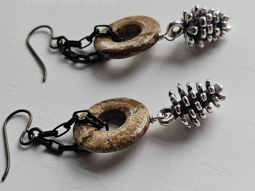 Dangling pinecone earrings with picture jasper donuts