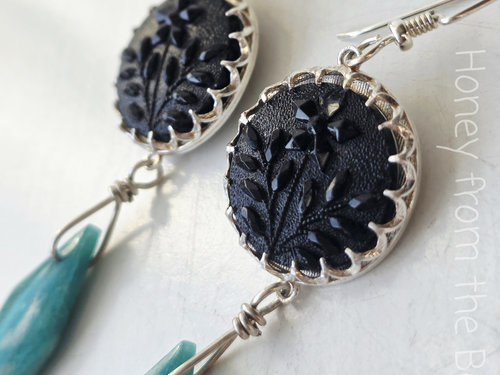 Antique black glass button earrings