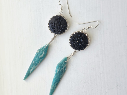 Gemstone earrings with antique button focals