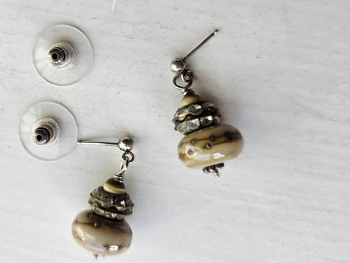 Lampwork earrings in cream and silver with vintage crystals