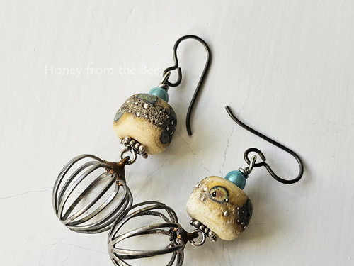 Cream teal and silver lampwork with vintage cage dangle earrings