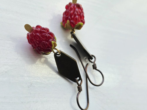 Red Raspberry earrings feature lampwork