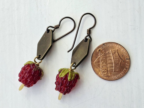 Summer earrings feature raspberry lampwork glass