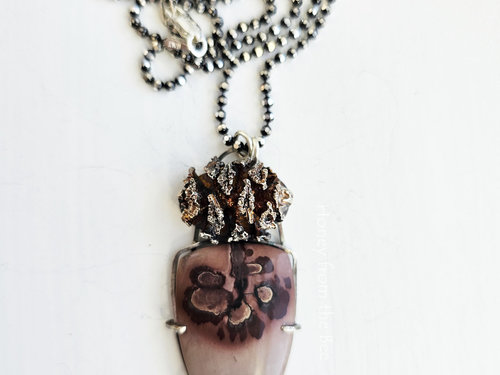 Cast sterling silver pinecone complements the Apache sage cabochon in this nature inspired pendant necklace