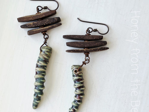 Wood and ceramic earrings in green and brown