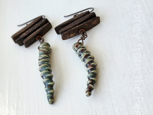 Wood earrings with ceramic dangles