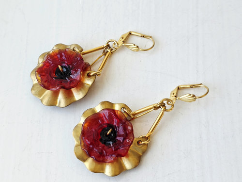 Red flower earrings with vintage brass