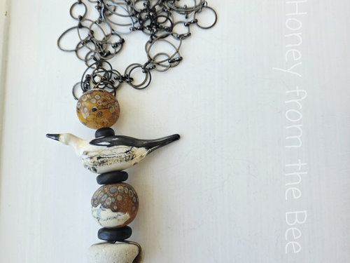 Shorebird necklace in lampwork and sea pottery