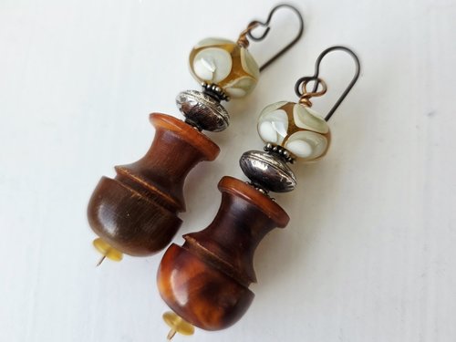 Brown and yellow earrings with sterling silver beads
