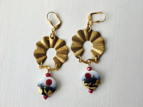Brass and glass earrings in artisan style