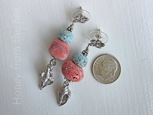 Charm earrings with coral and turquoise lampwork beads