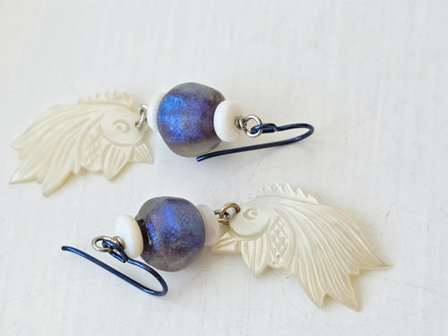 Blue lampwork earrings with fish dangles