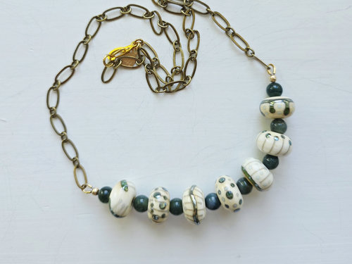 Moss Agate necklace with art glass in green and white