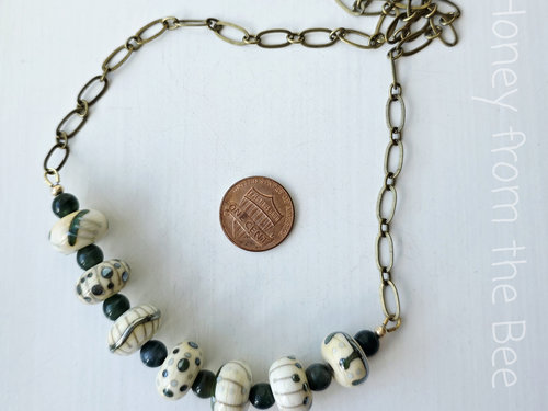 Moss Agate necklace with green and white lampwork