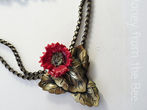 Red Flower necklace with upcycled brass buckle