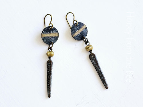 Dagger drop earrings in brass and verdigris