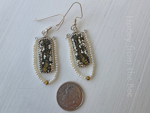 Boho style earrings in green and white feature ocean jasper and seed pearls