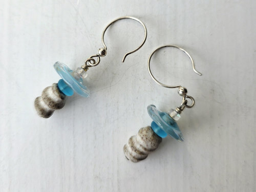 Blue lampwork earrings with white ceramic twist beads