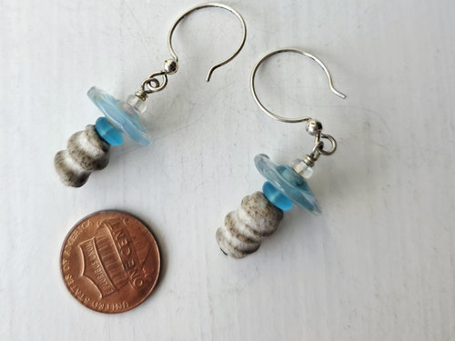 Small lampwork earrings in blue and white