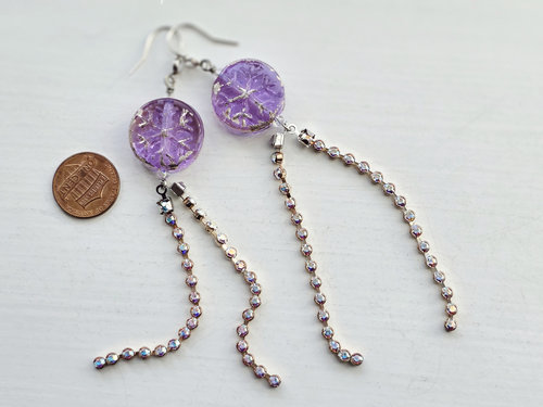 Snowflake earrings with long crystal dangles