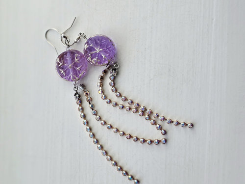 Winter earrings feature snowflake lampwork and long crystal strands