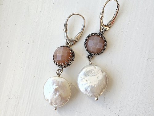 Coin pearl earrings with peach moonstone