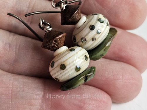 Polka Dot lampwork with turquoise and wood earrings