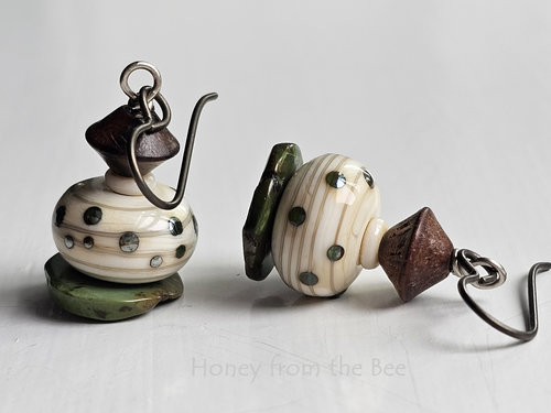 Casual lampwork earrings in cream, turquoise and brown