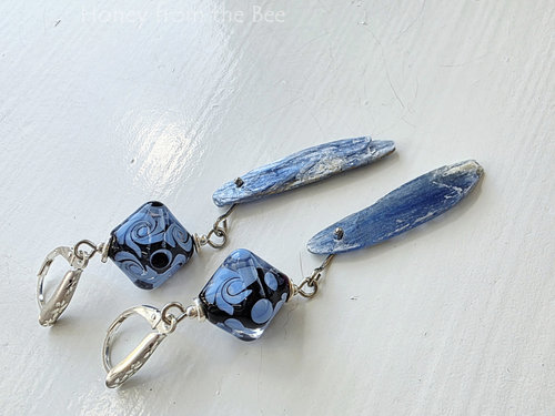 Lavender and blue earrings feature kyanite and lampwork