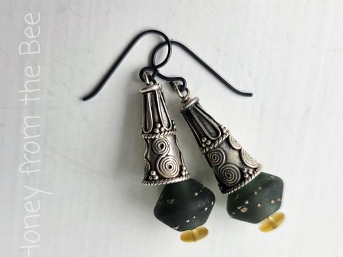 Dark grey lampwork earrings with sterling silver