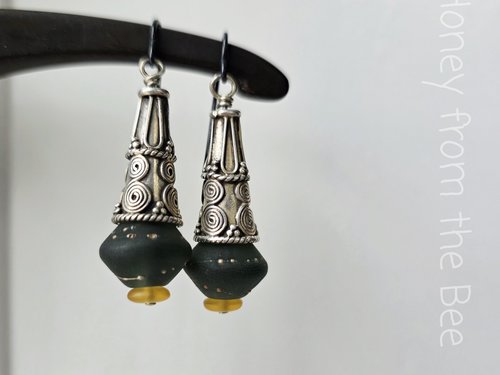 Sterling silver cone earrings with grey lampwork