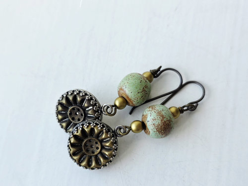 Celadon earrings with antique brass buttons