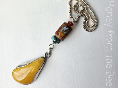 Lampwork pendant in yellow, orange and turquoise