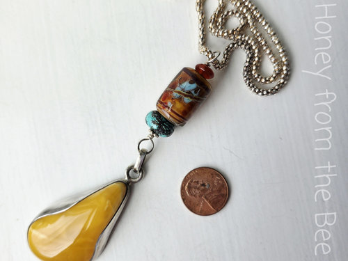 One of a kind pendant with vintage amber and turquoise