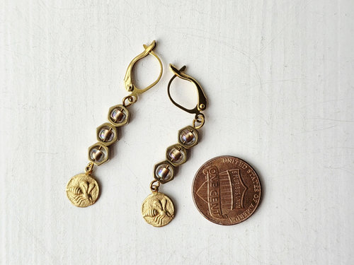 Honeybee charm earrings with brass honeycomb