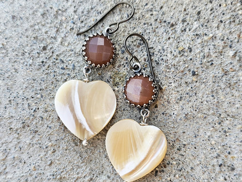 Peach Moonstone and mother of pearl heart earrings