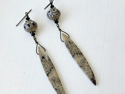 Black and Tan earrings feature jasper and lampwork