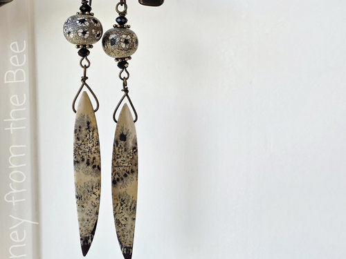 Lampwork and gemstone earrings in black and tan