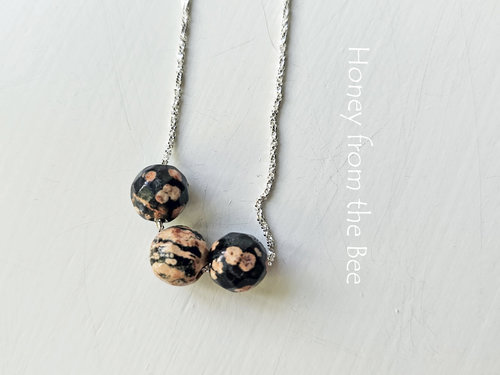 Three bead necklace in sterling silver with pink and black gemstone beads