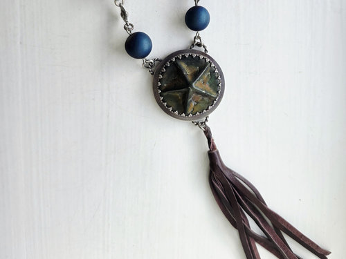 Leather Tassel necklace with silver and blue