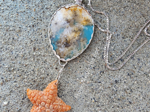 Starfish necklace with Regency Plume Agate in aqua and white