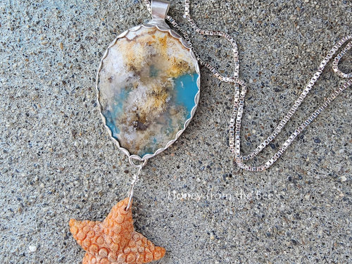 Plume Agate pendant with coral starfish