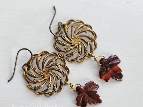 Gemstone leaf earrings in red and gold