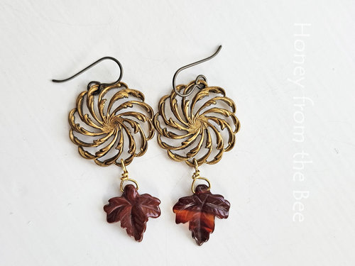 Falling leaf earrings in jasper and brass
