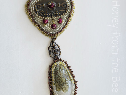 Mixed Media necklace in brass, white, and green