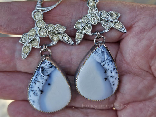 Dendritic Opal earrings with vintage rhinestones