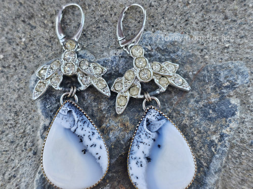 One of a kind Winter earrings feature a dendritic opals with a snowy scene and vintage rhinestone finding