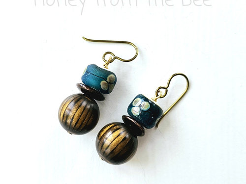Casual boho style earrings in dark teal and brown