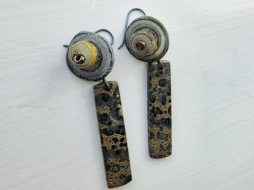 Artisan earrings in grey blue with sand tones 