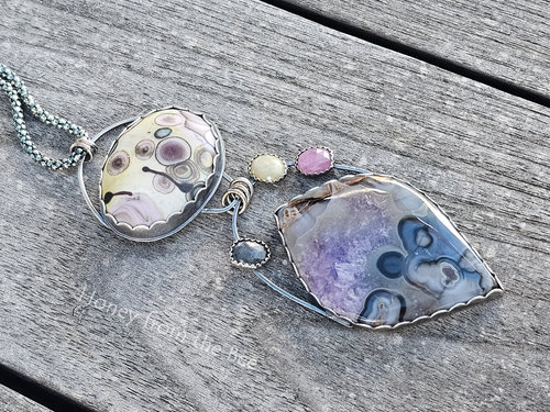 Pseudomorph Agate necklace with art glass and sapphires in blue, purple, pink and yellow